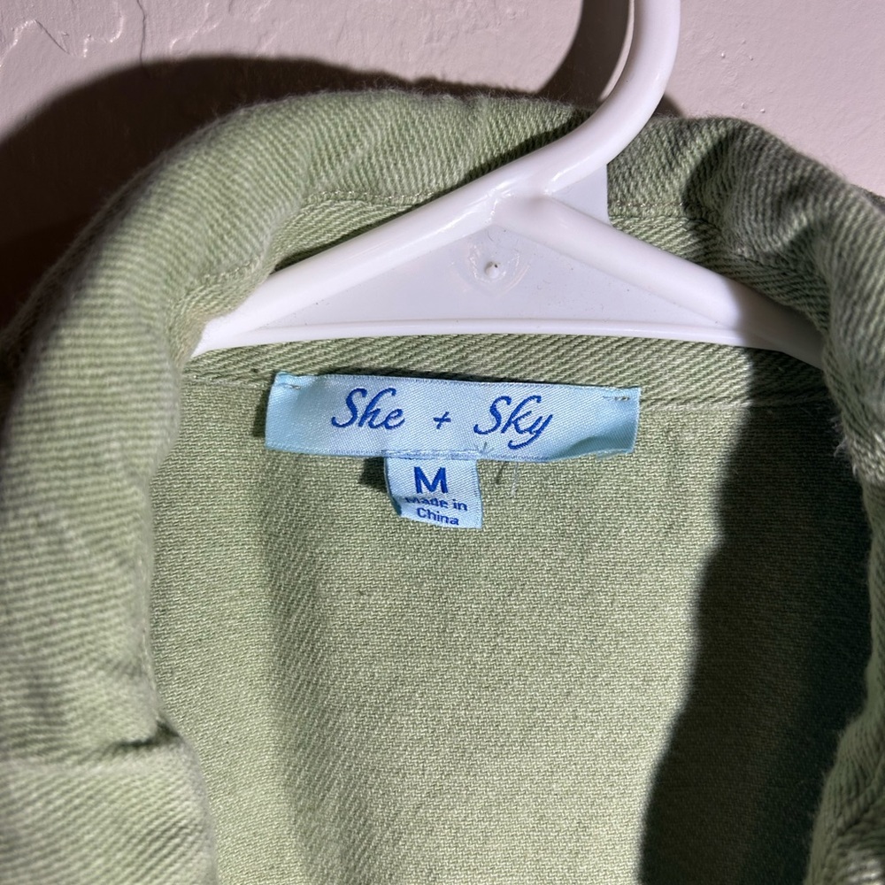 She + Sky Light Green Boho Distressed Eyelet Snap Front Utility Jacket - Picture 4 of 4